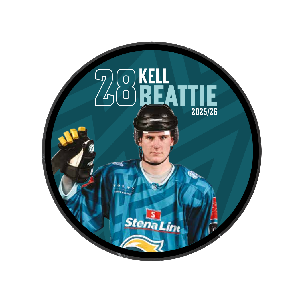 A Belfast Giants player in a blue Stena Line jersey and helmet raises a gloved hand. "28 Kell Beattie 2025-26" features on a teal background, marking this limited edition 2025-26 Player Puck for fans.