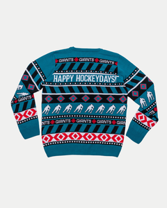 The Belfast Giants Christmas Jumper from Belfast Giants Store by National Merchandise features HAPPY HOCKEYDAYS! and GIANTS text, plus festive patterns in team colors—perfect for celebrating the holiday season in style.