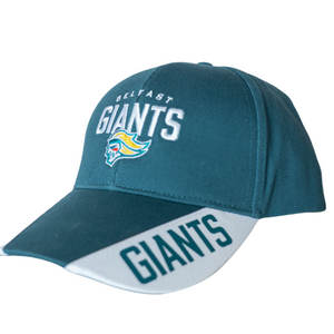 The Belfast Giants Cap Teal and White Brim, by Belfast Giants, features the team logo and embroidered BELFAST GIANTS on the front, with GIANTS printed on its curved white brim.