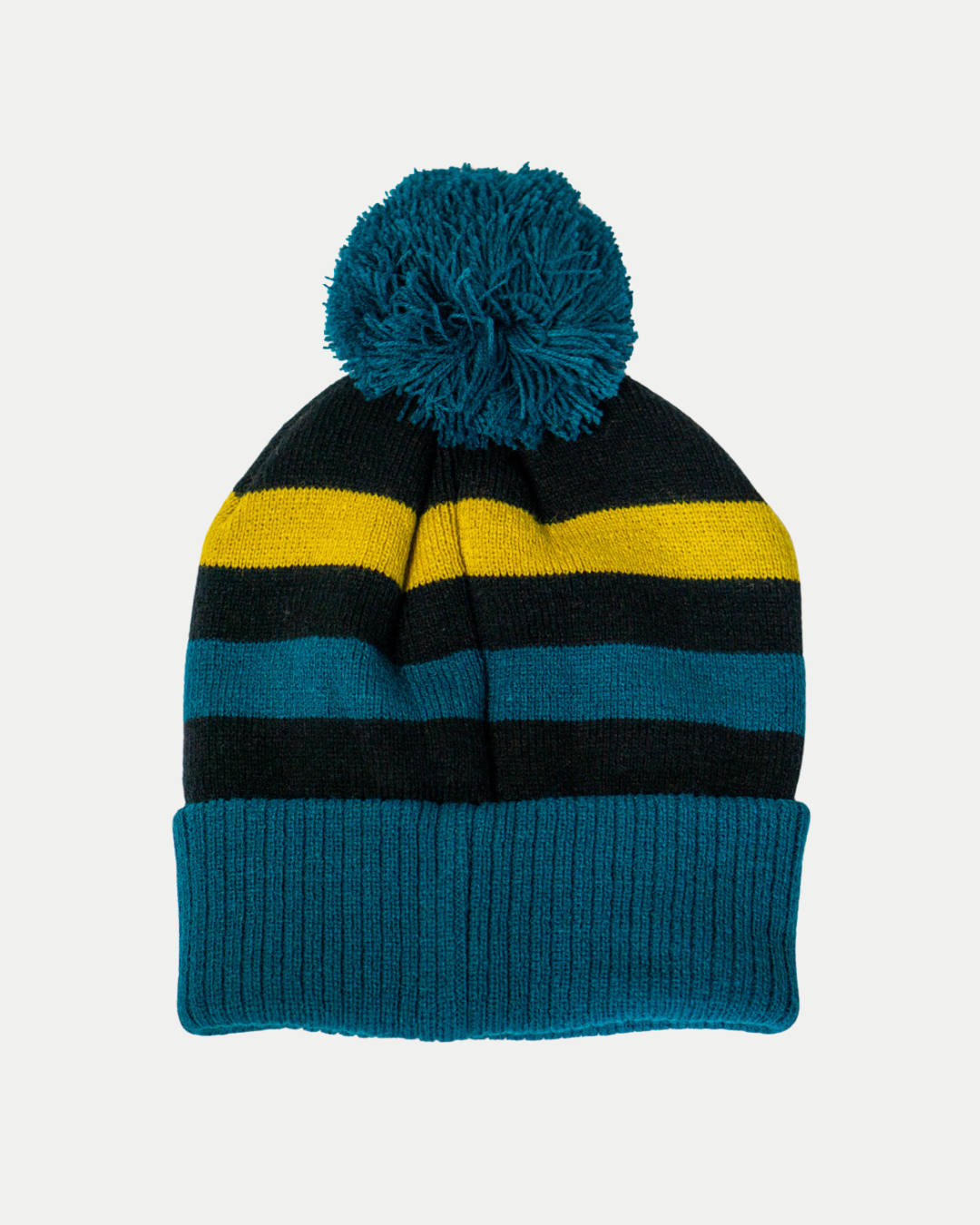 The Belfast Giants Hockey Striped Beanie features bold teal, black, and yellow stripes, a large teal pom-pom, and a wide cuff—making it an essential winter hat for any Belfast Giants fan.