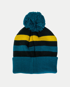 The Belfast Giants Hockey Striped Beanie features bold teal, black, and yellow stripes, a large teal pom-pom, and a wide cuff—making it an essential winter hat for any Belfast Giants fan.