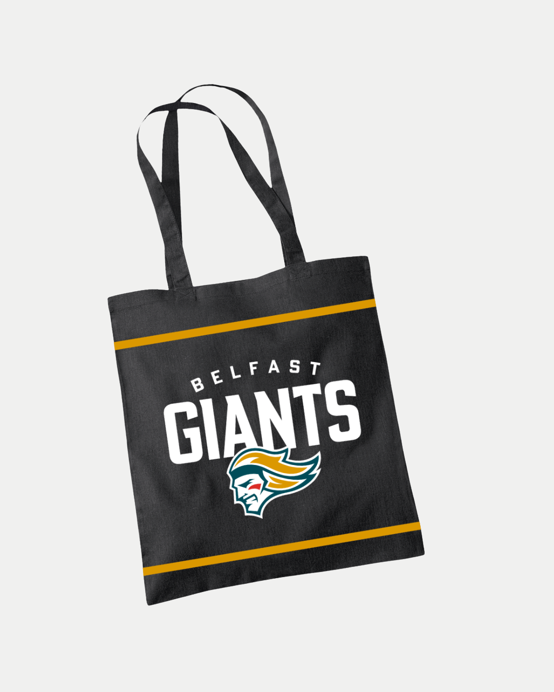 The Belfast Giants Woven Tote Bag Black Large from Belfast Giants Store by National Merchandise features the team’s text and fierce face logo, highlighted with gold lines, on a plain light background.
