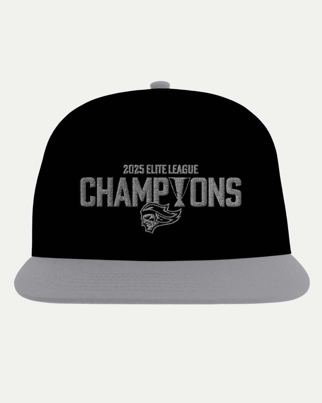 The Made To Order Belfast Giants Elite League Champions 2025 Original Flat Peak Snapback features a black and gray design, bold white sports team logo, flat peak style, and 2025 champions detail on the front.