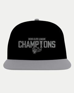 The Made To Order Belfast Giants Elite League Champions 2025 Original Flat Peak Snapback features a black and gray design, bold white sports team logo, flat peak style, and 2025 champions detail on the front.