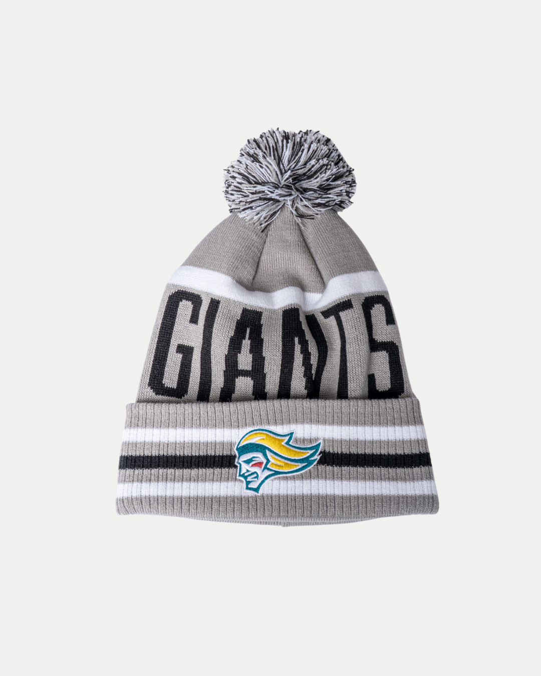 The 25-26 CCM Grey Pom Beanie from Belfast Giants Store by National Merchandise features white and black stripes, a colorful Belfast Giants logo above the cuff, bold black "GIANTS" lettering, and a pom-pom on top.