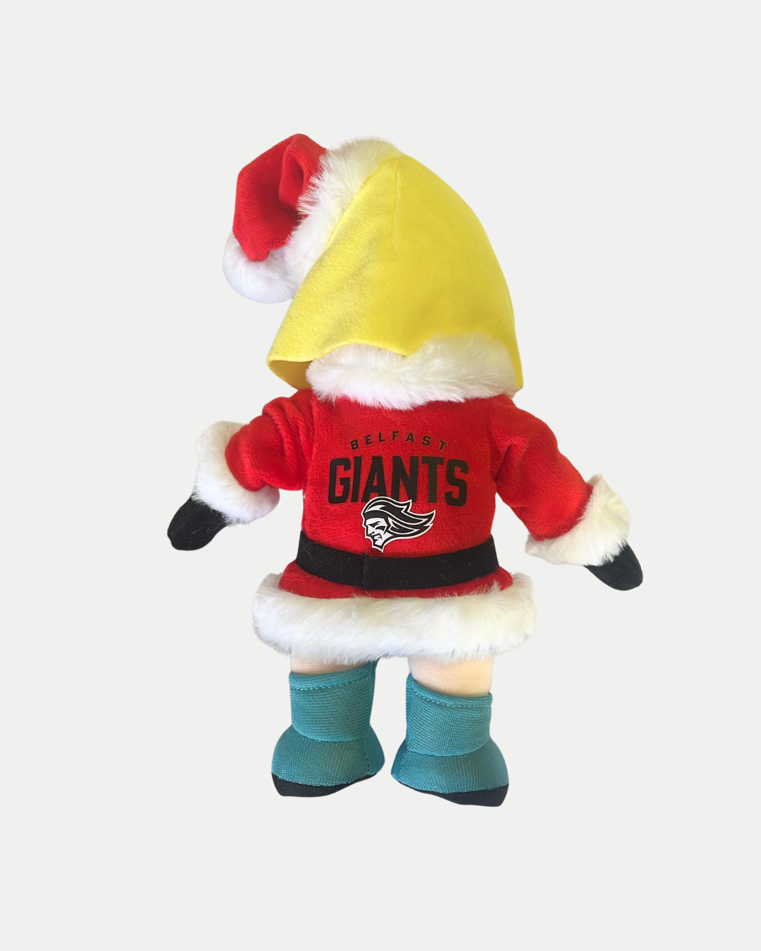 The Belfast Giants Mascot Santa Finn Plush Toy from the Belfast Giants Store by National Merchandise, wearing festive colors, stands on a white background—a perfect holiday gift for any Giants mascot fan.