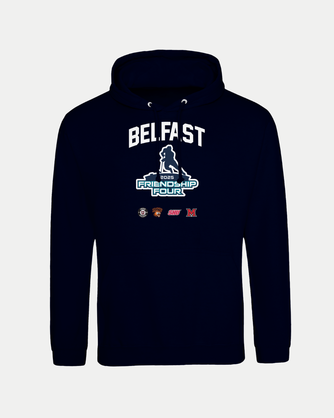Navy MADE-TO-ORDER Belfast Giants Friendship Four 2025 unisex hoodie features "BELFAST" in white above a 2025 Friendship Four graphic with four team logos below, all centered on soft, ring-spun cotton.