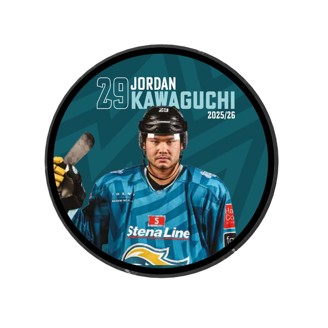 The Belfast Giants 2025-26 Player Puck features #29, Jordan Kawaguchi, in a blue jersey with hockey stick on a teal background. “2025/26” and white text mark this as a limited edition for ice hockey puck collectors.