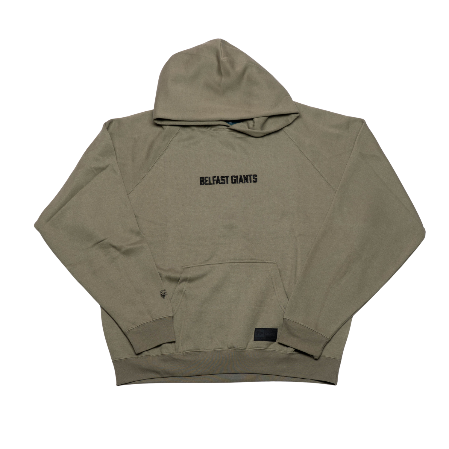 The Belfast Giants Hoodie Olive Backprint by Belfast Giants features a minimal olive green design, front pocket, and bold black BELFAST GIANTS text across the chest, shown laid flat on a white background.