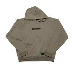 The Belfast Giants Hoodie Olive Backprint by Belfast Giants features a minimal olive green design, front pocket, and bold black BELFAST GIANTS text across the chest, shown laid flat on a white background.
