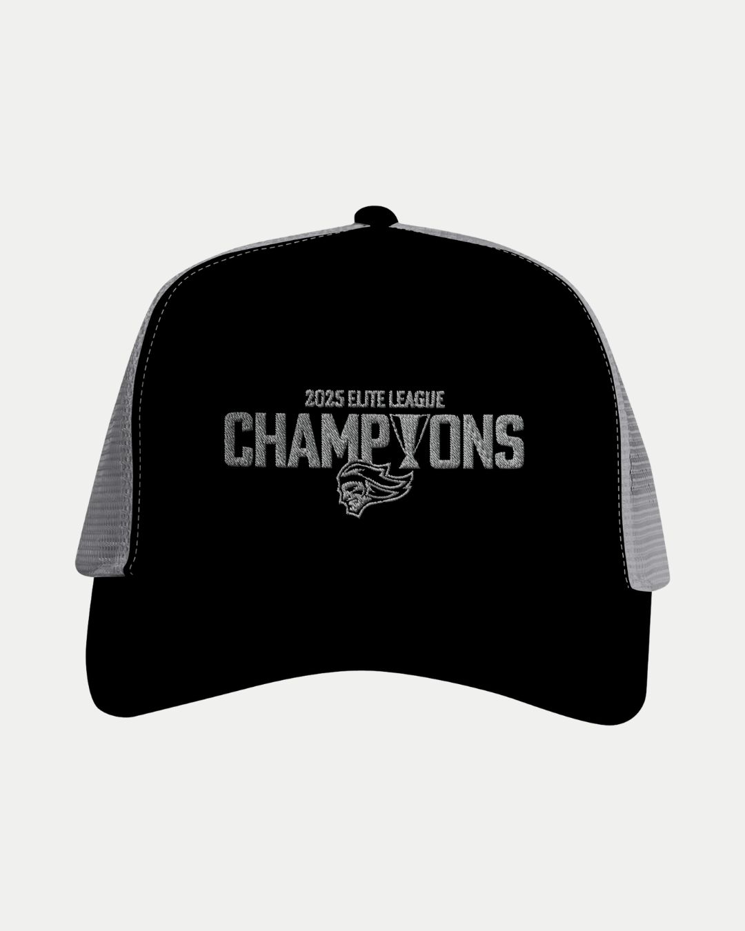 The Made To Order Belfast Giants Elite League Champions 2025 Snapback Trucker features a black and gray design with "2025 Elite League Champions" and a stylized logo, perfect for snapback collectors.