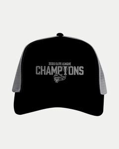 The Made To Order Belfast Giants Elite League Champions 2025 Snapback Trucker features a black and gray design with "2025 Elite League Champions" and a stylized logo, perfect for snapback collectors.