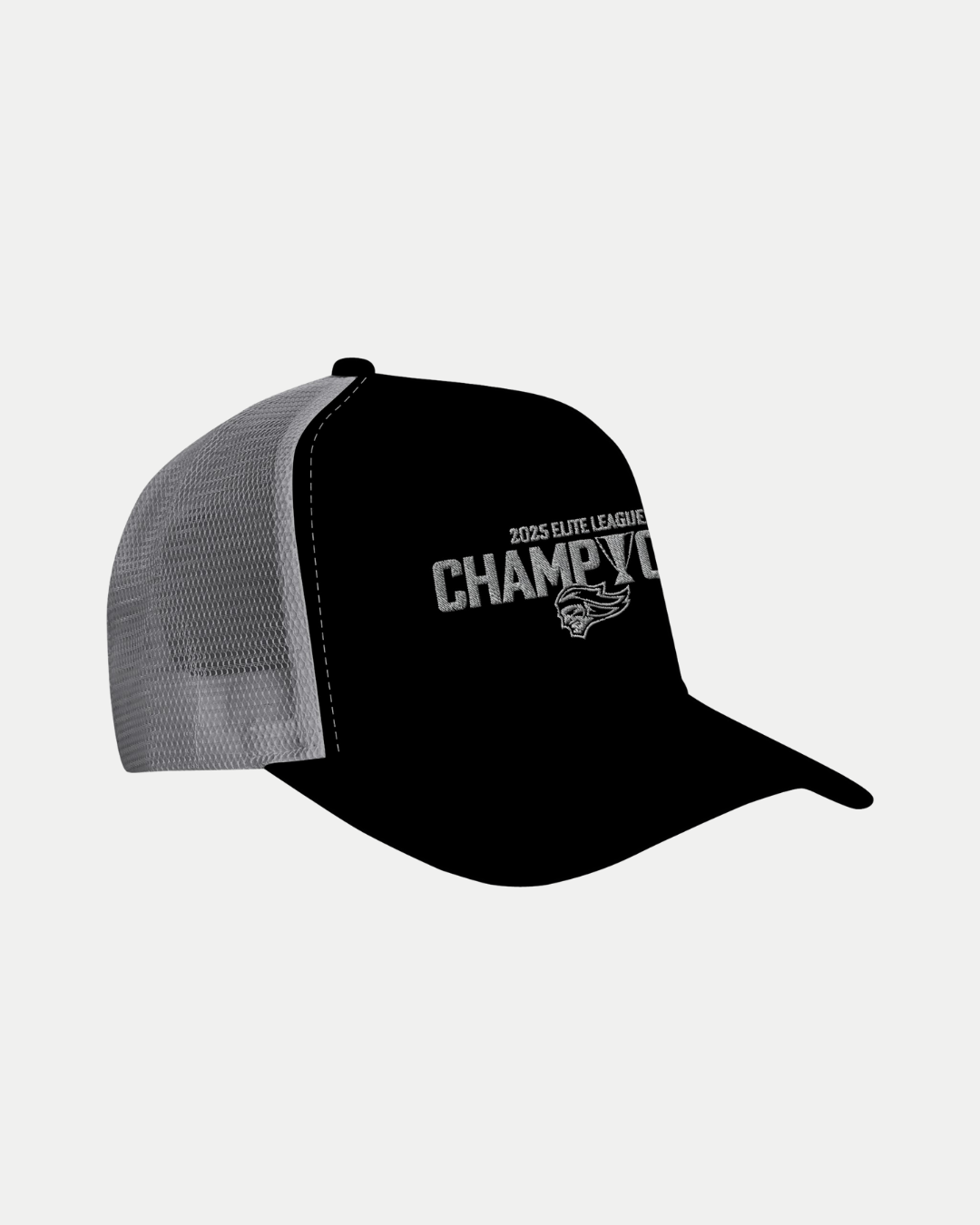 The Belfast Giants Made To Order Elite League Champions 2025 Snapback Trucker features a black and gray design, embroidered logo, and gray mesh panels—perfect for fans celebrating the 2025 Elite League Champions.