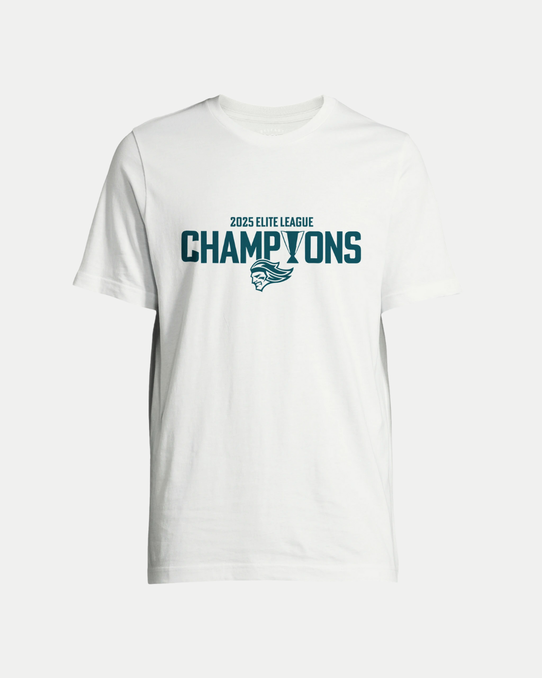 Show your team pride with the eco-friendly Made To Order Belfast Giants 2025 Elite League Champions T-shirt in white, featuring bold dark blue “CHAMPIONS” text and a stylized eagle head logo below “Elite.”.
