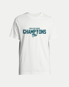 Show your team pride with the eco-friendly Made To Order Belfast Giants 2025 Elite League Champions T-shirt in white, featuring bold dark blue “CHAMPIONS” text and a stylized eagle head logo below “Elite.”.