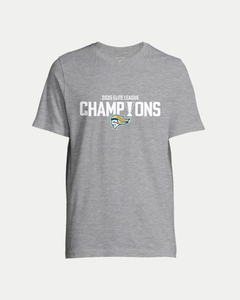 Celebrate victory sustainably with the Belfast Giants Made To Order 2025 Elite League Champions T-shirt in grey, featuring white text and a stylized bird logo—eco-conscious, unisex, and perfect for dedicated fans.