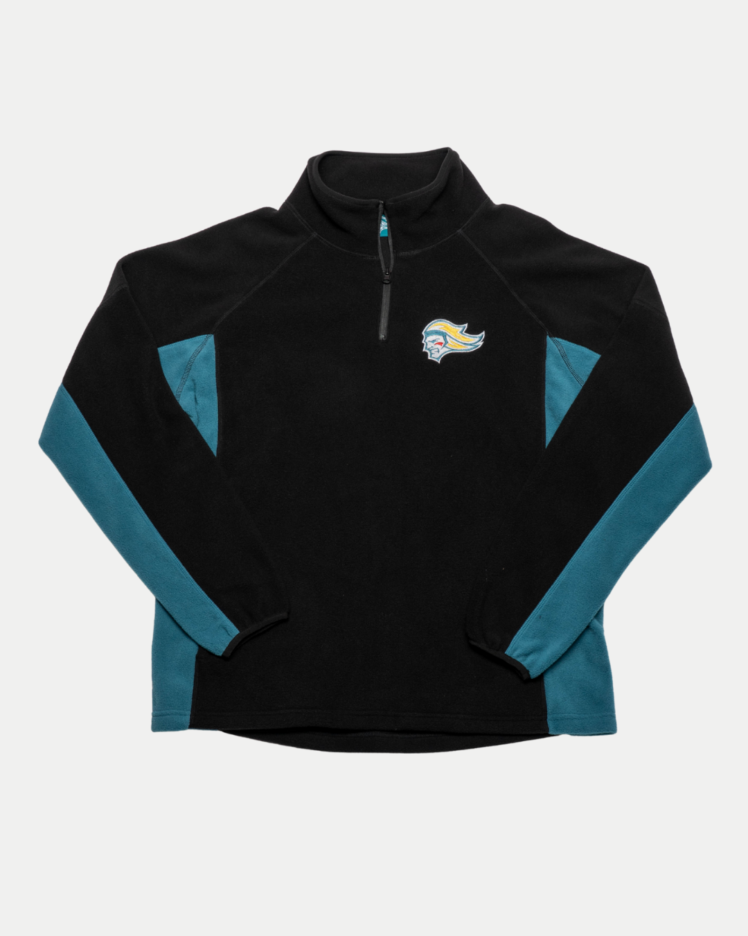 The Belfast Giants Fleece Half Zip Black features long sleeves, a stylized bird head team logo on the left chest, and teal panels along the sleeves and sides for streetwear style.