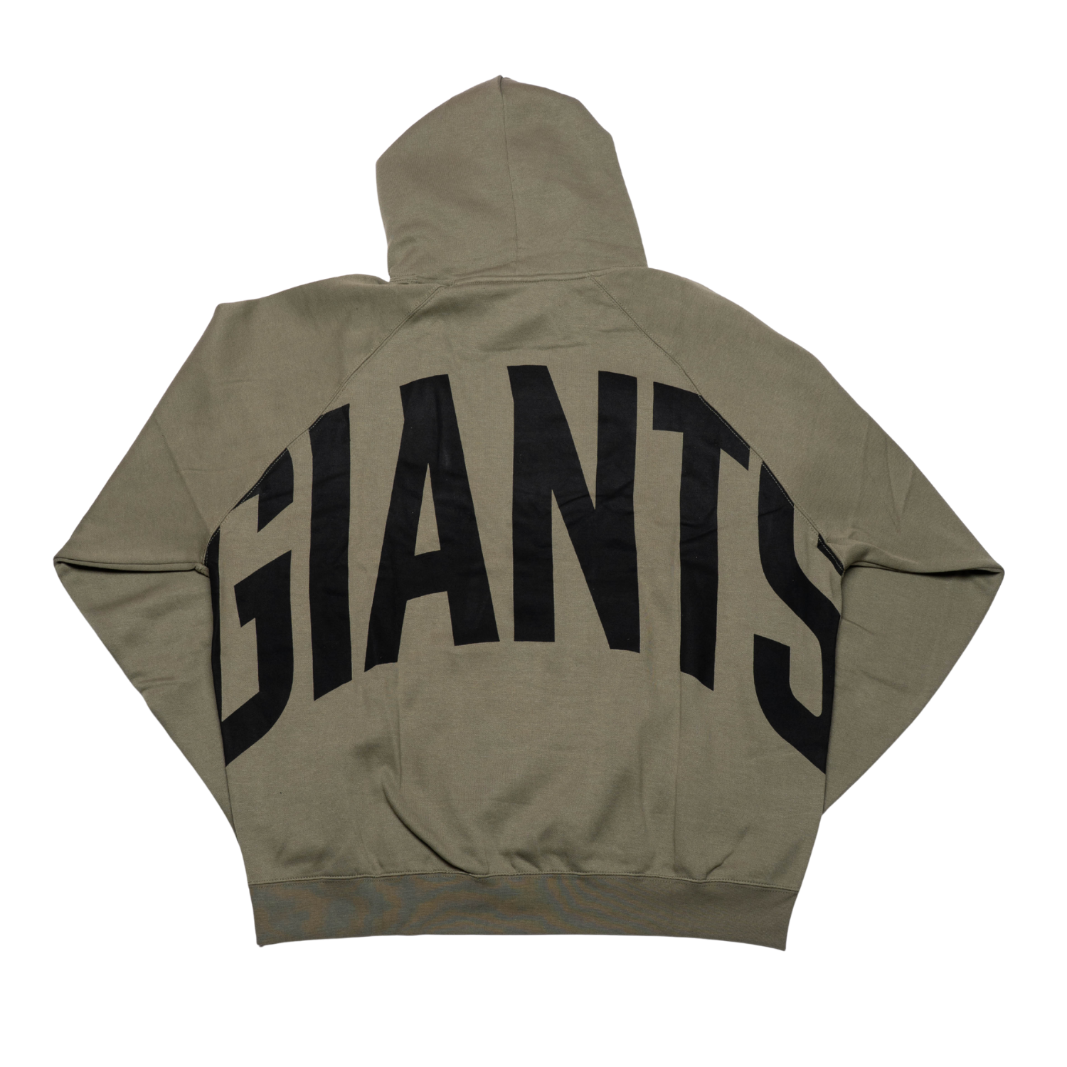 The Belfast Giants Hoodie Olive Backprint by Belfast Giants is an olive green hoodie with a minimal design featuring GIANTS in large black letters across the back.