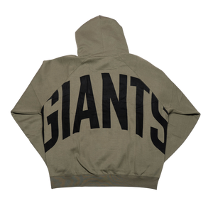 The Belfast Giants Hoodie Olive Backprint by Belfast Giants is an olive green hoodie with a minimal design featuring GIANTS in large black letters across the back.