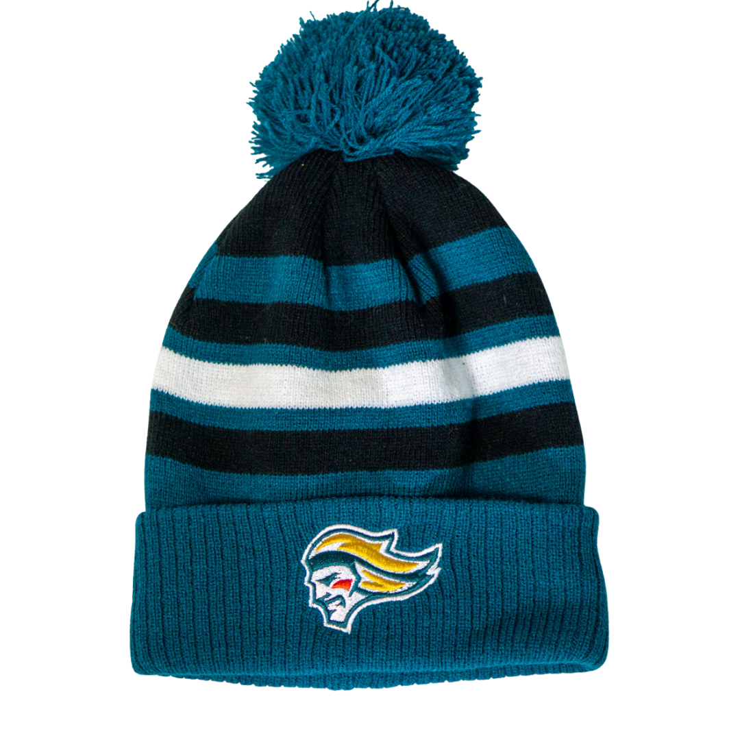 The Belfast Giants Hockey Beanie Striped Black features teal, black, and white stripes, a teal pom-pom, and the team’s unique logo—an essential winter accessory for fans to show their style while staying warm.