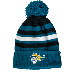 The Belfast Giants Hockey Beanie Striped Black features teal, black, and white stripes, a teal pom-pom, and the team’s unique logo—an essential winter accessory for fans to show their style while staying warm.