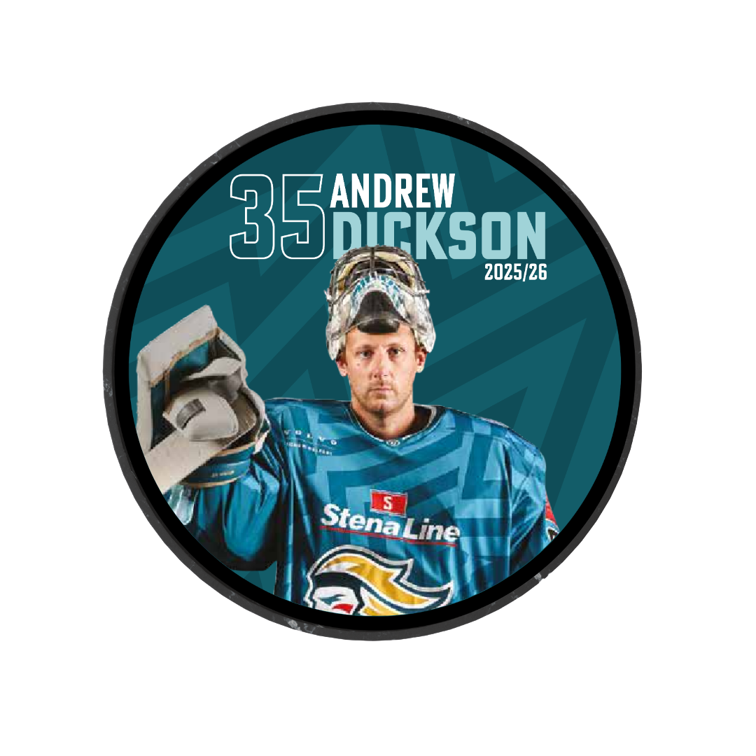 The Belfast Giants 2025-26 Player Puck is a limited edition featuring Andrew Dickson in a blue jersey holding his helmet, set against a teal background with "35 Andrew Dickson 2025/26," lion logo, and Stena Line sponsor.
