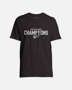 The Made To Order Belfast Giants 2025 Elite League Champions T-shirt Black by Belfast Giants features white text and a stylized bird logo; it's an eco-conscious unisex tee crafted just for you.