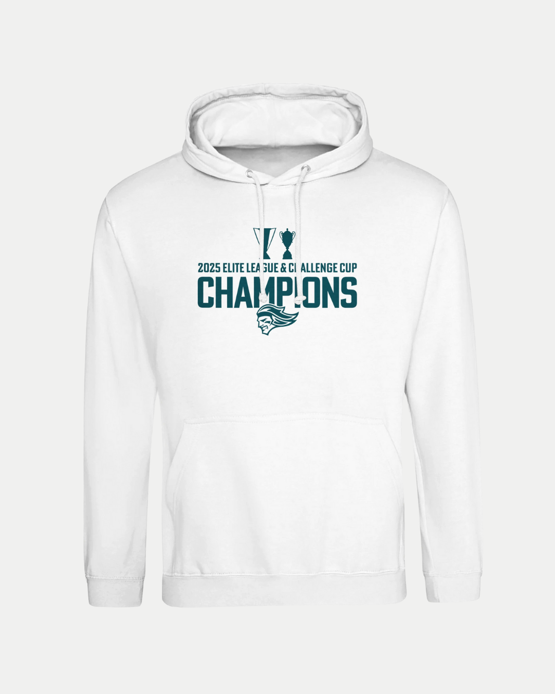 The Belfast Giants Made To Order Elite League & Challenge Cup Champions 2025 Pullover Hoodie in white features a trophy graphic, stylized eagle logo, and "2025 Elite League Challenge Cup Champions" text, designed for comfortable unisex wear.