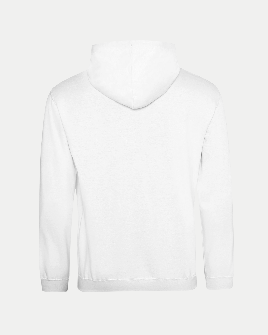 The Belfast Giants Made To Order Elite League & Challenge Cup Champions 2025 Pullover Hoodie in white is shown from the back. This unisex ringspun cotton-poly hoodie has long sleeves, a hood, no visible logos or designs, and is set against a light gray background.