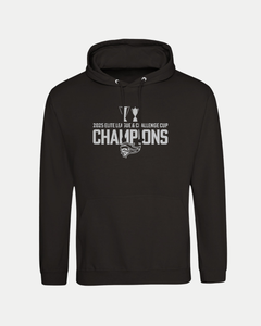 Celebrate in style with the Belfast Giants Made To Order Elite League & Challenge Cup Champions 2025 Pullover Hoodie. This black unisex hoodie features white "2025 Elite League Challenge Cup Champions" text, trophy icon, and bird logo—crafted for comfort.