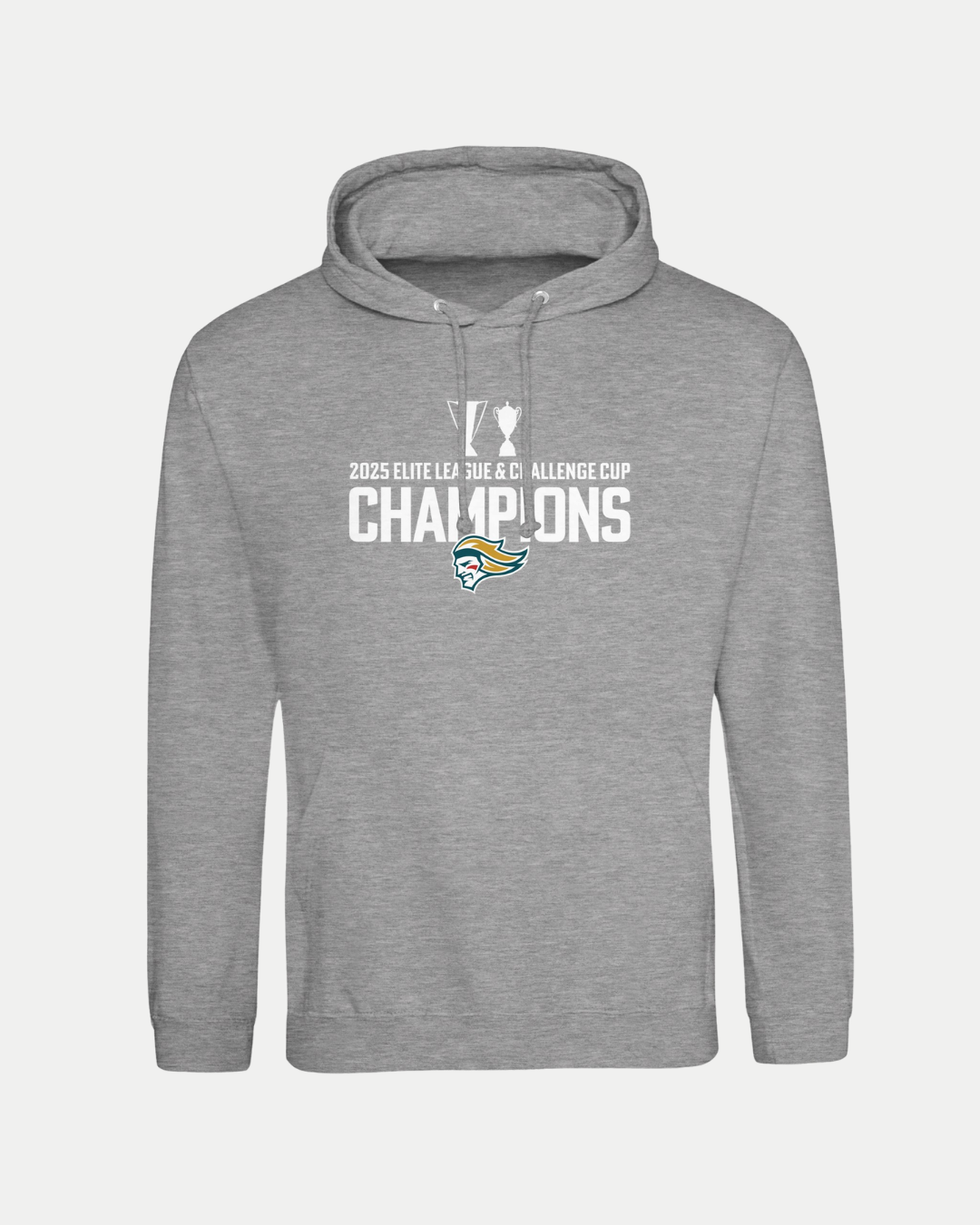 The Belfast Giants Made To Order Elite League & Challenge Cup Champions 2025 Pullover Hoodie in grey features a unisex fit, ringspun cotton, and white "2025 Elite League Challenge Cup Champions" text above a stylized bird logo.