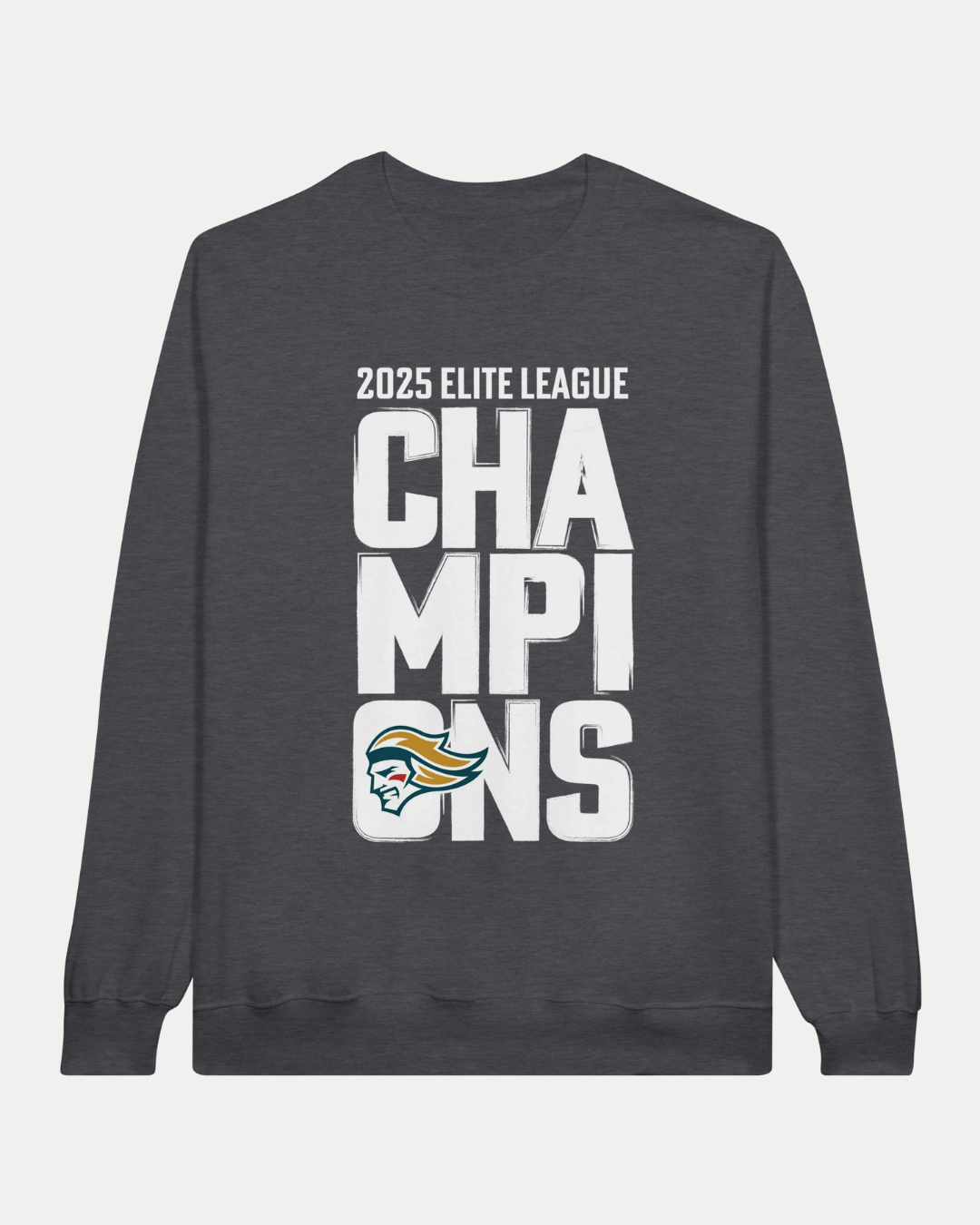 The Belfast Giants Made To Order Elite League Champions 2025 Crewneck Sweatshirt in grey features bold white “Champions” text over three lines with a stylized eagle logo, crafted from soft ringspun cotton fleece for comfort and durability.