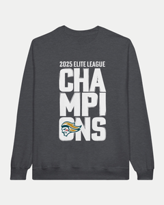 The Belfast Giants Made To Order Elite League Champions 2025 Crewneck Sweatshirt in grey features bold white “Champions” text over three lines with a stylized eagle logo, crafted from soft ringspun cotton fleece for comfort and durability.