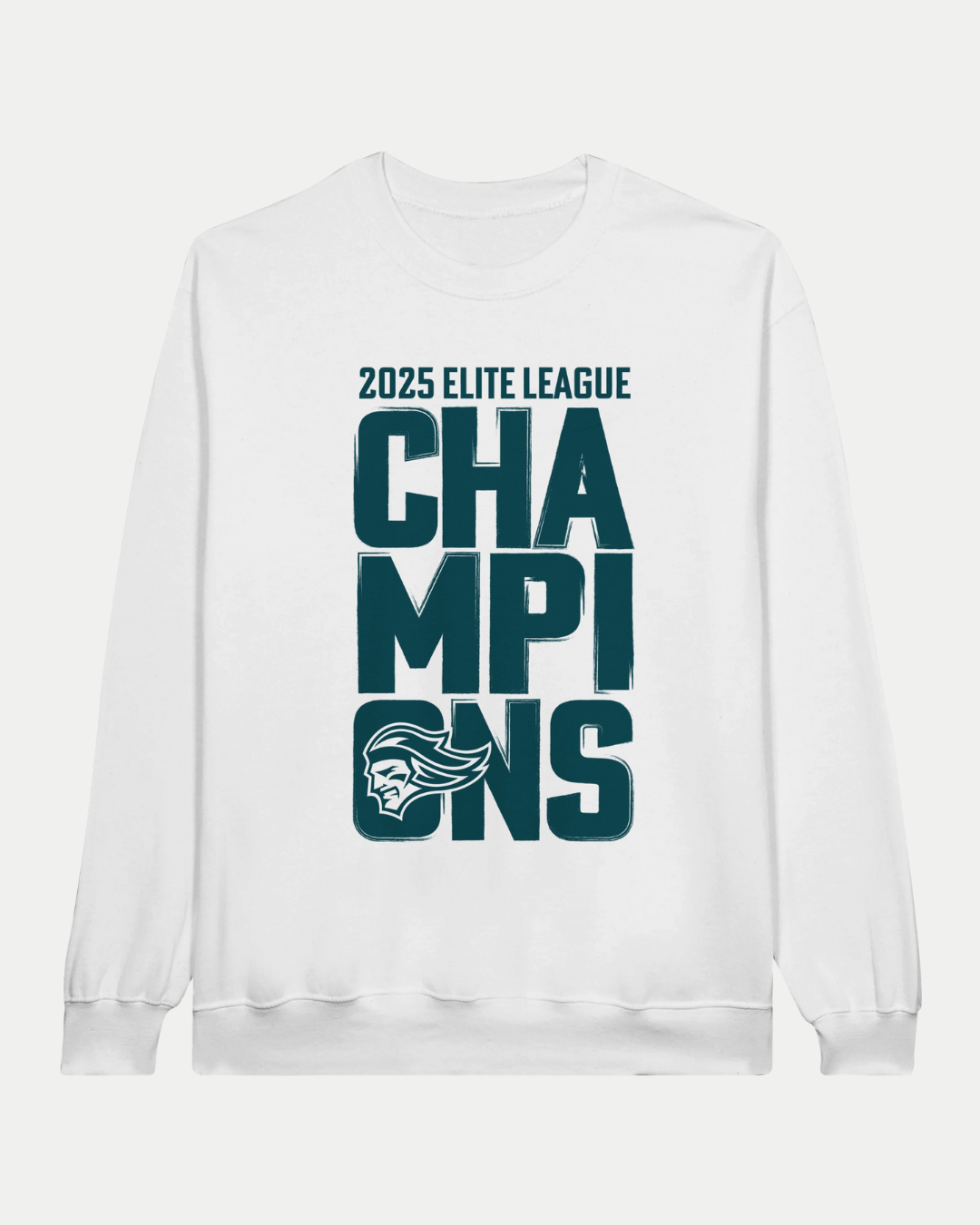 The Belfast Giants Made To Order Elite League Champions 2025 Crewneck Sweatshirt in white features bold dark blue text with a helmet logo in "Champions" and is crafted from sustainable USA cotton.