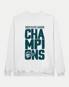The Belfast Giants Made To Order Elite League Champions 2025 Crewneck Sweatshirt in white features bold dark blue text with a helmet logo in "Champions" and is crafted from sustainable USA cotton.