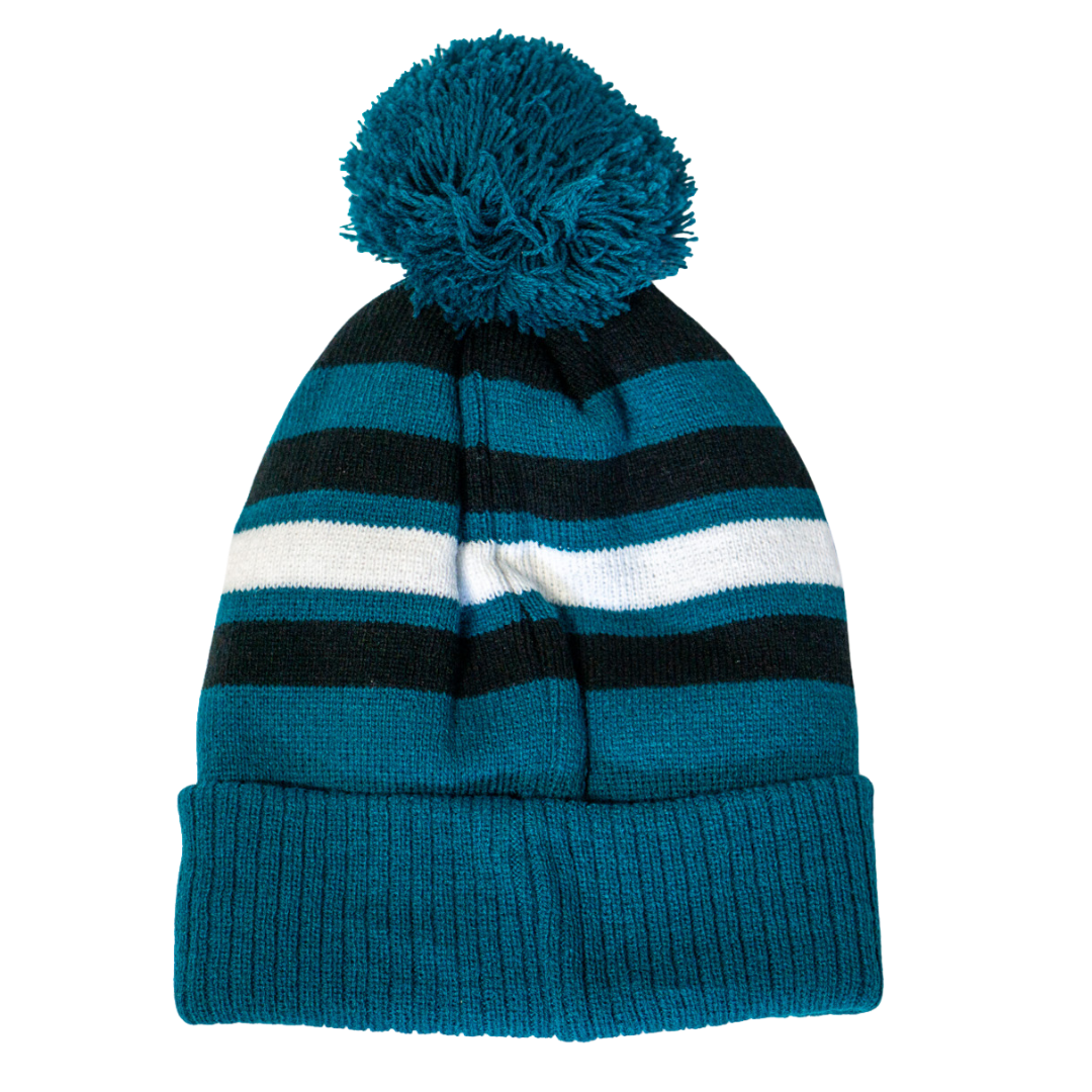 The Belfast Giants Hockey Beanie Striped Black by Belfast Giants features black, white, and teal horizontal stripes and a teal pom-pom for warmth and style all season.