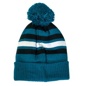 The Belfast Giants Hockey Beanie Striped Black by Belfast Giants features black, white, and teal horizontal stripes and a teal pom-pom for warmth and style all season.