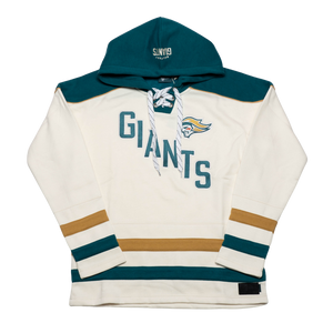 The Belfast Giants Hockey Lace Off-White hoodie features a vintage hockey look with cream and green colors, gold accents, lace-up neckline, bold GIANTS text, and a bird logo—stand out in authentic streetwear by Belfast Giants.