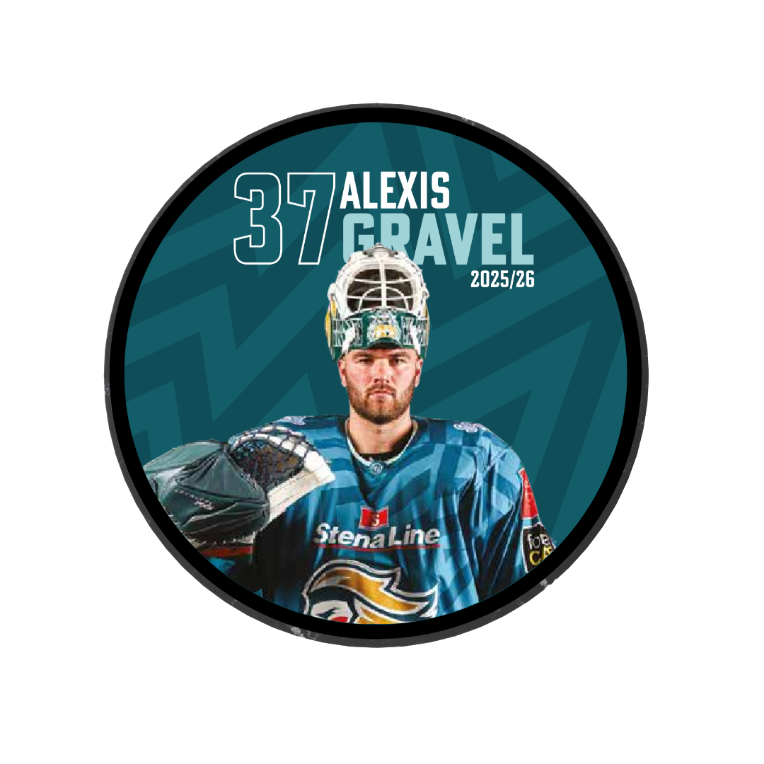 The Belfast Giants 2025-26 Player Puck features goalie Alexis Gravel (#37) in uniform, his name, and season details on a teal zigzag background—a must-have collector's item for ice hockey fans.