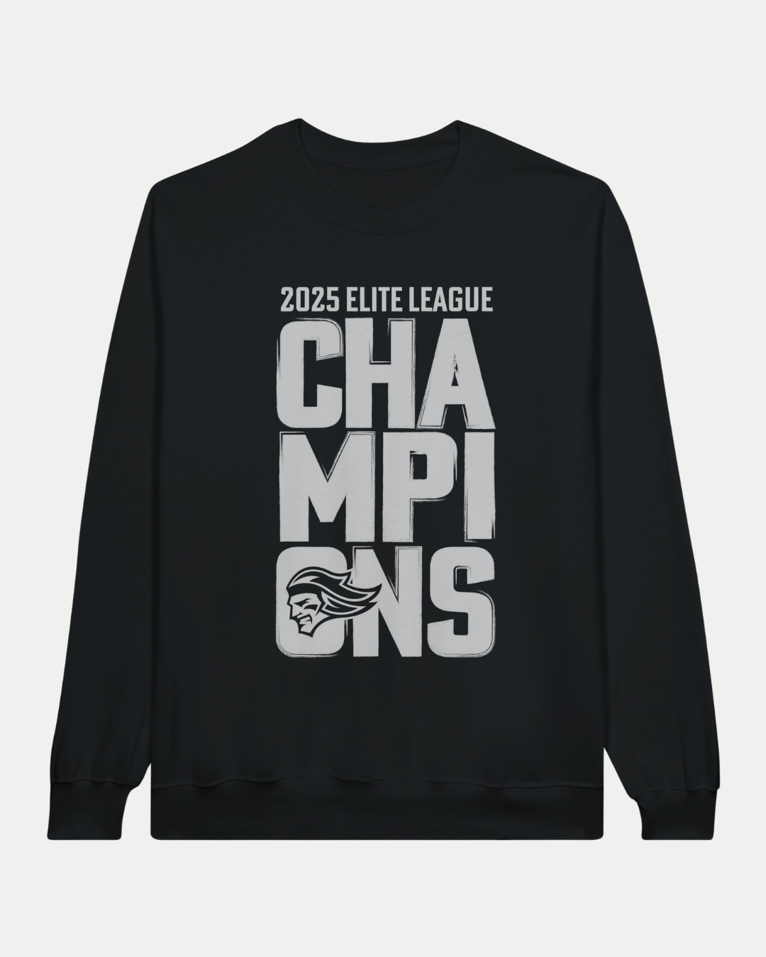 The Belfast Giants Made To Order 2025 Elite League Champions Crewneck Sweatshirt in black features bold white text with "CHAMPIONS" split over two lines and a stylized mascot logo, crafted from sustainable USA cotton.