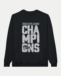 The Belfast Giants Made To Order 2025 Elite League Champions Crewneck Sweatshirt in black features bold white text with "CHAMPIONS" split over two lines and a stylized mascot logo, crafted from sustainable USA cotton.