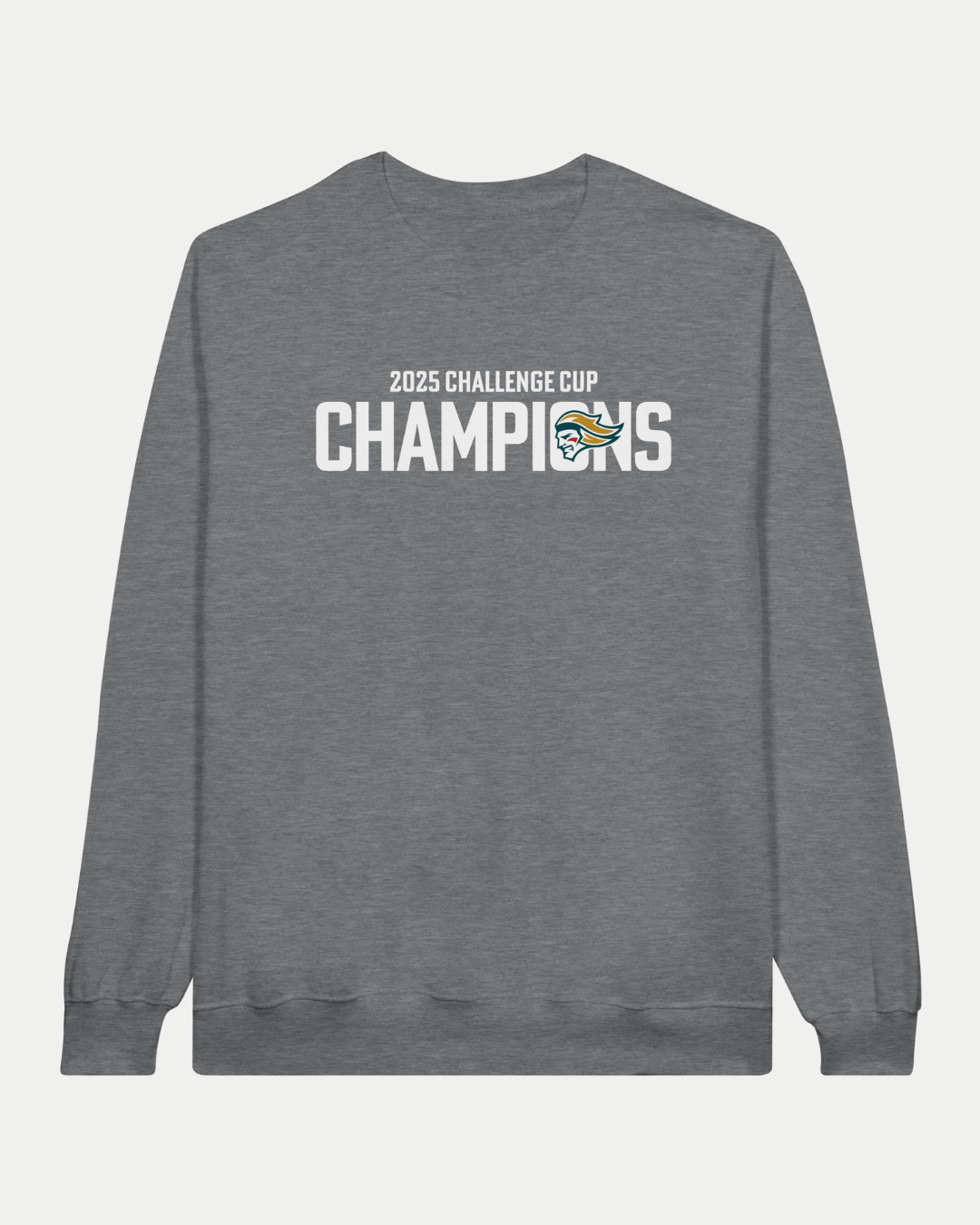 The Belfast Giants Made To Order Challenge Cup Champions 2025 Crewneck Sweatshirt in grey features sustainable USA cotton, “2025 Challenge Cup Champions” in white, and a small colorful trophy graphic within "Champions.