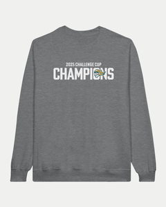 The Belfast Giants Made To Order Challenge Cup Champions 2025 Crewneck Sweatshirt in grey features sustainable USA cotton, “2025 Challenge Cup Champions” in white, and a small colorful trophy graphic within "Champions.