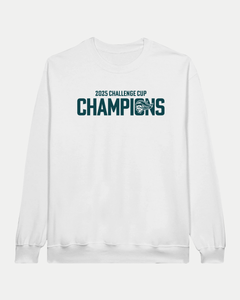 The Belfast Giants Made To Order Challenge Cup Champions 2025 Crewneck Sweatshirt in white features bold "2025 CHALLENGE CUP CHAMPIONS" text and a stylized trophy on soft ringspun cotton fleece.
