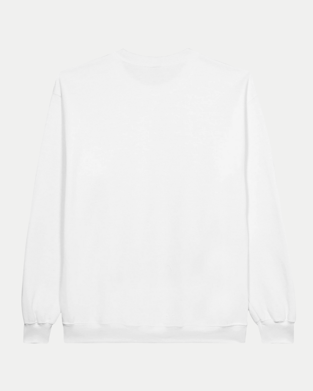 The Belfast Giants Made To Order Challenge Cup Champions 2025 white crewneck sweatshirt is shown laid flat, back view. It features ribbed cuffs and hem, a crew neckline, and ringspun cotton fleece construction.