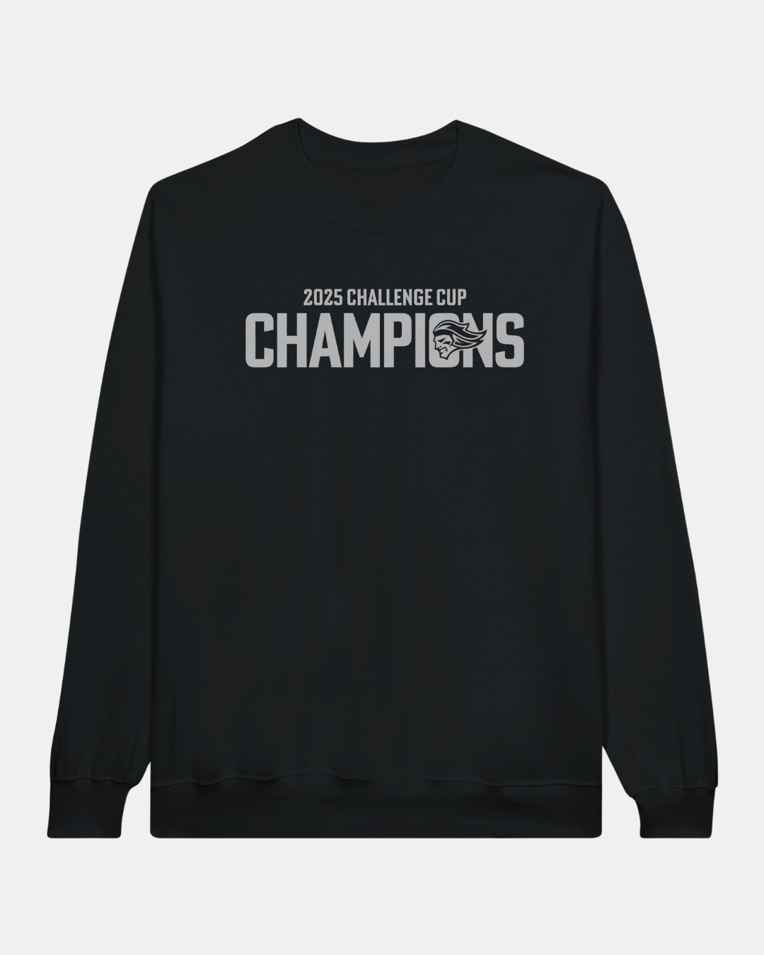 The Belfast Giants Made To Order Challenge Cup Champions 2025 Black Crewneck Sweatshirt features "2025 Challenge Cup CHAMPIONS" and a trophy icon in white on soft ringspun cotton fleece. Classic fit.