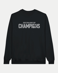 The Belfast Giants Made To Order Challenge Cup Champions 2025 Black Crewneck Sweatshirt features "2025 Challenge Cup CHAMPIONS" and a trophy icon in white on soft ringspun cotton fleece. Classic fit.