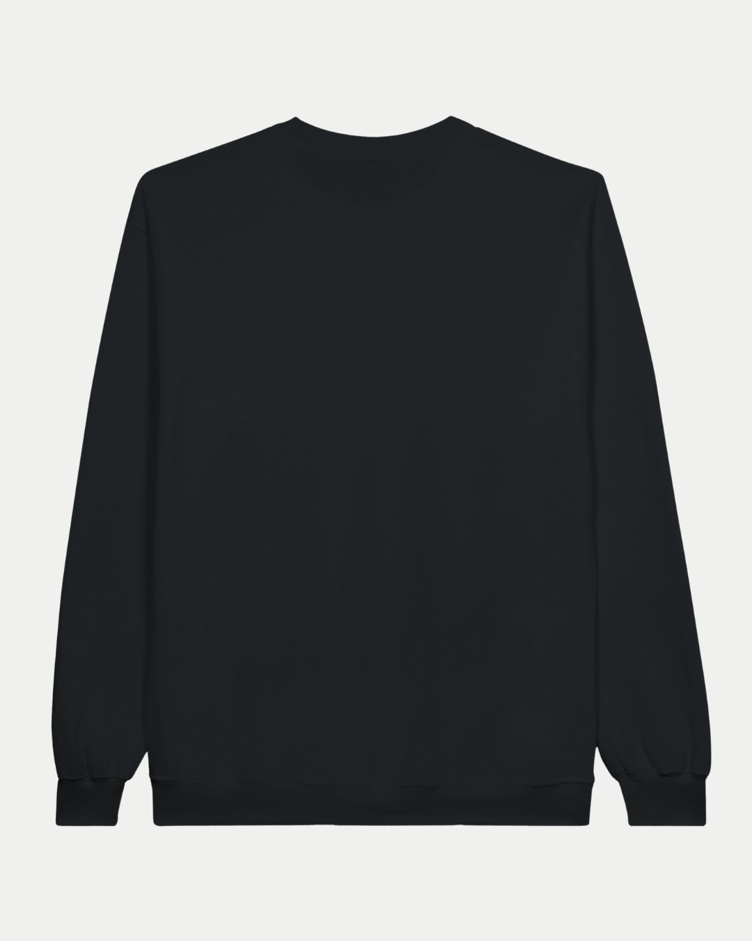 The Belfast Giants Made To Order Challenge Cup Champions 2025 black crewneck sweatshirt is shown in a classic fit from the back, featuring long sleeves with ribbed cuffs and hem against a white background.