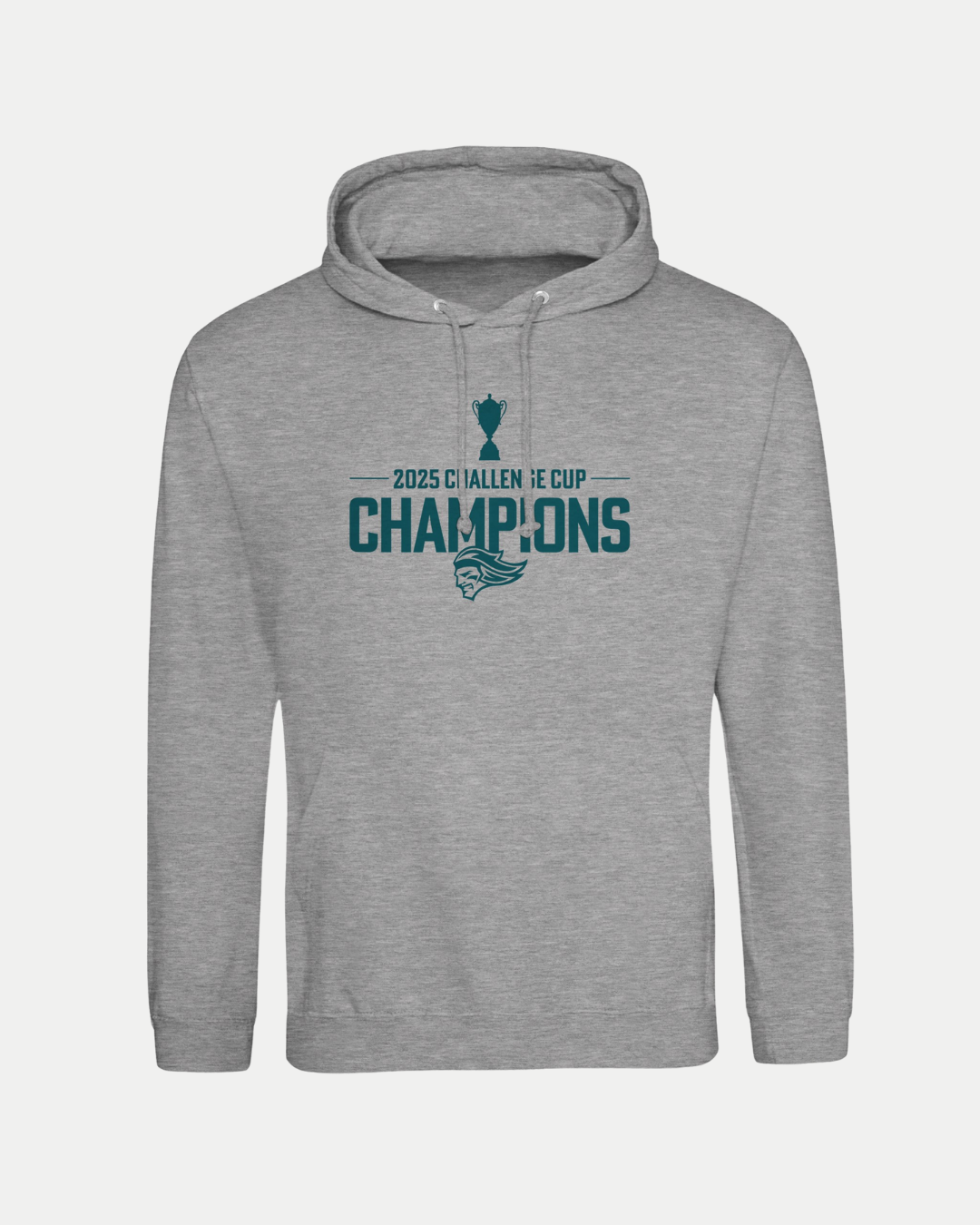 Celebrate the Belfast Giants’ win in style with the Made To Order Challenge Cup 2025 Champions Pullover Hoodie in grey—features a trophy graphic, teal "2025 Challenge Cup Champions" text, and team logo. Perfect for everyday wear!.