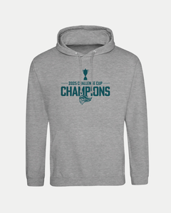 Celebrate the Belfast Giants’ win in style with the Made To Order Challenge Cup 2025 Champions Pullover Hoodie in grey—features a trophy graphic, teal "2025 Challenge Cup Champions" text, and team logo. Perfect for everyday wear!.